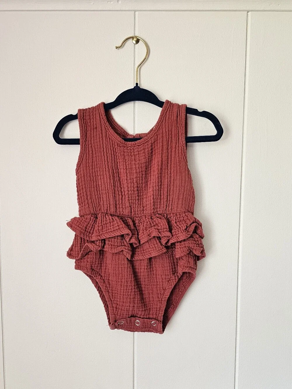 Girls Red Ruffle Muslin One-Piece Romper - Picture 1 of 7